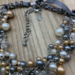 Chico's Multi Color Faux Pearl Cluster Ribbon Silver Tone Necklace